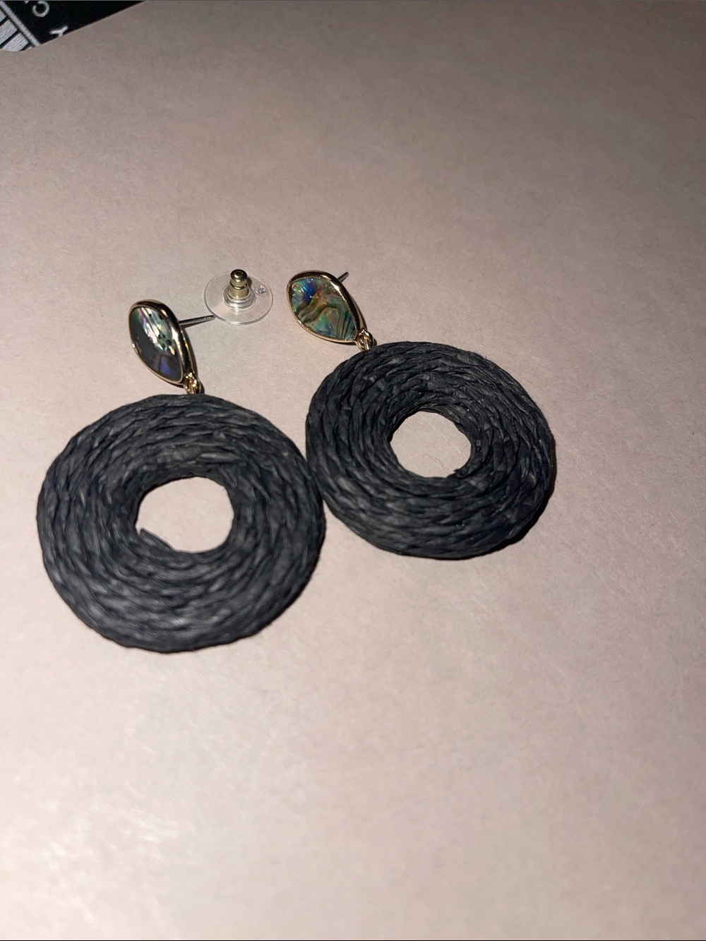 O my! New, Handmade Black Woven Circle Drop Earrings with Abalone Accent setting
